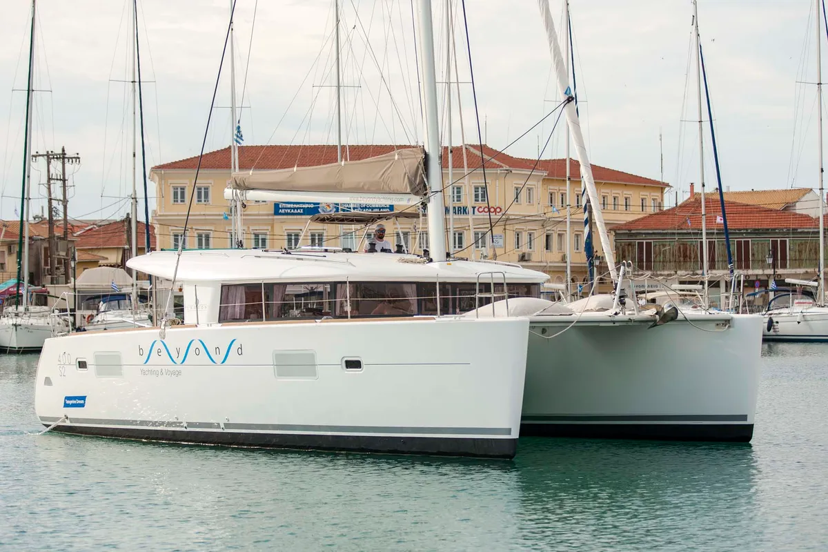 Exterior view of Tangerine Dream, a Lagoon 400 S2 catamaran at Municipal Unit of Lefkada, Greece