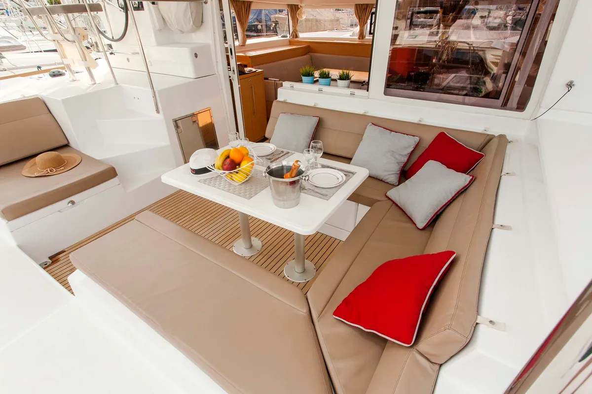 Deck of Tangerine Dream, a Lagoon 400 S2 catamaran at Municipal Unit of Lefkada, Greece