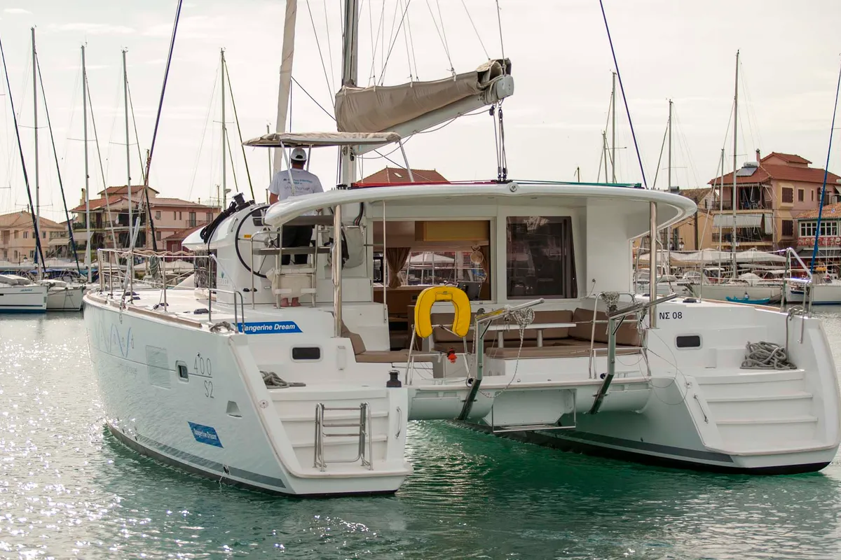 Exterior view of Tangerine Dream, a Lagoon 400 S2 catamaran at Municipal Unit of Lefkada, Greece