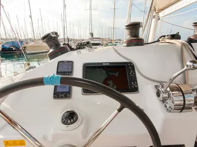 Cockpit of Tangerine Dream, a Lagoon 400 S2 catamaran at Municipal Unit of Lefkada, Greece