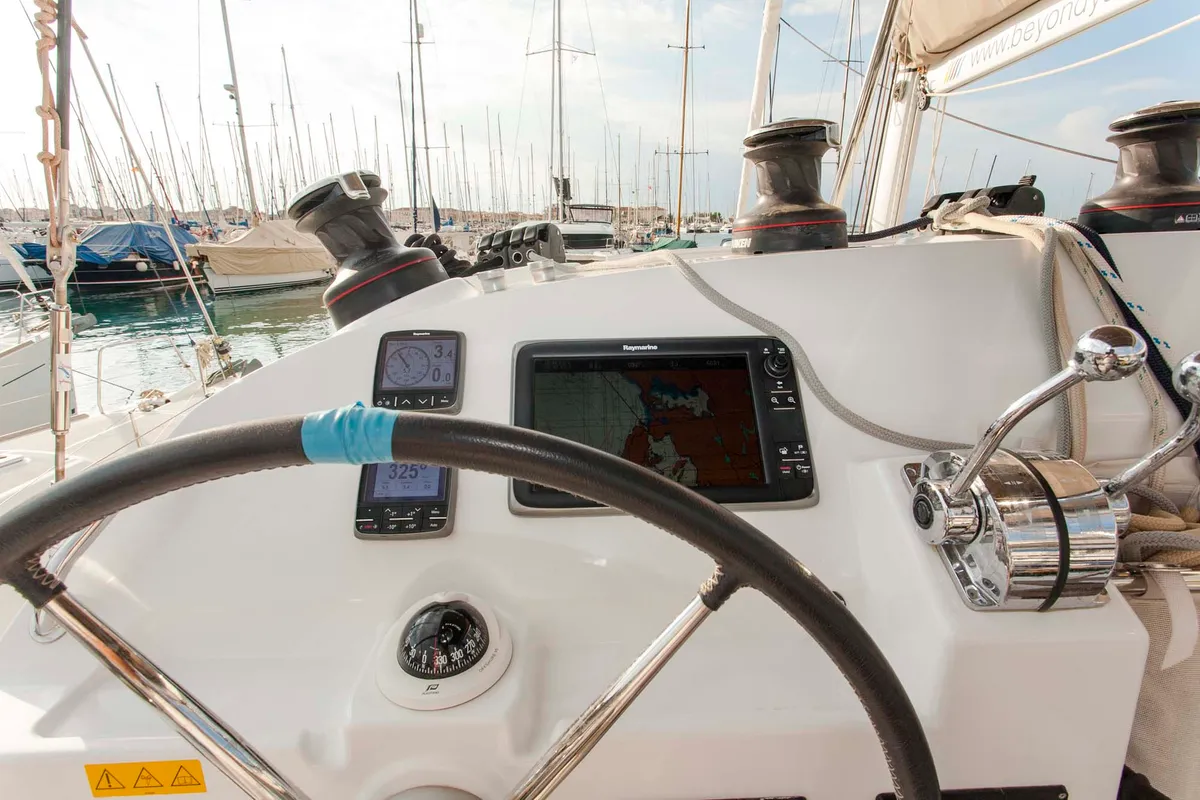 Cockpit of Tangerine Dream, a Lagoon 400 S2 catamaran at Municipal Unit of Lefkada, Greece
