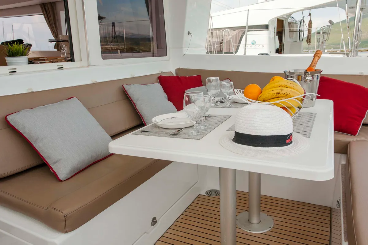 Deck of Tangerine Dream, a Lagoon 400 S2 catamaran at Municipal Unit of Lefkada, Greece