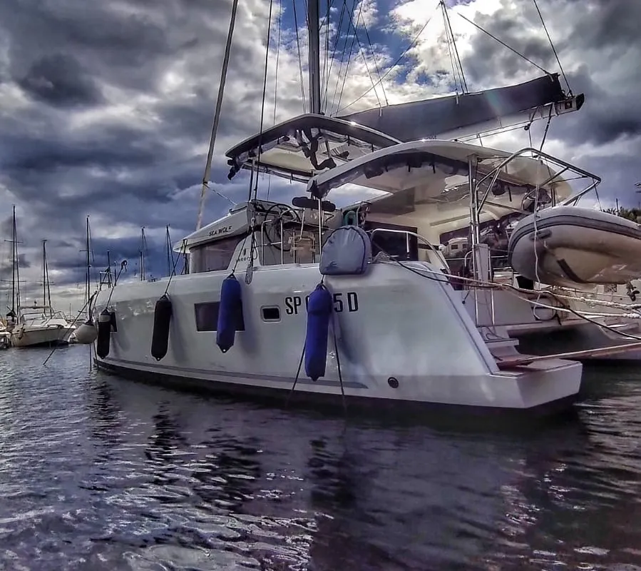 Exterior view of Sea Wolf, a Lagoon 42 catamaran at Olbia, Italy