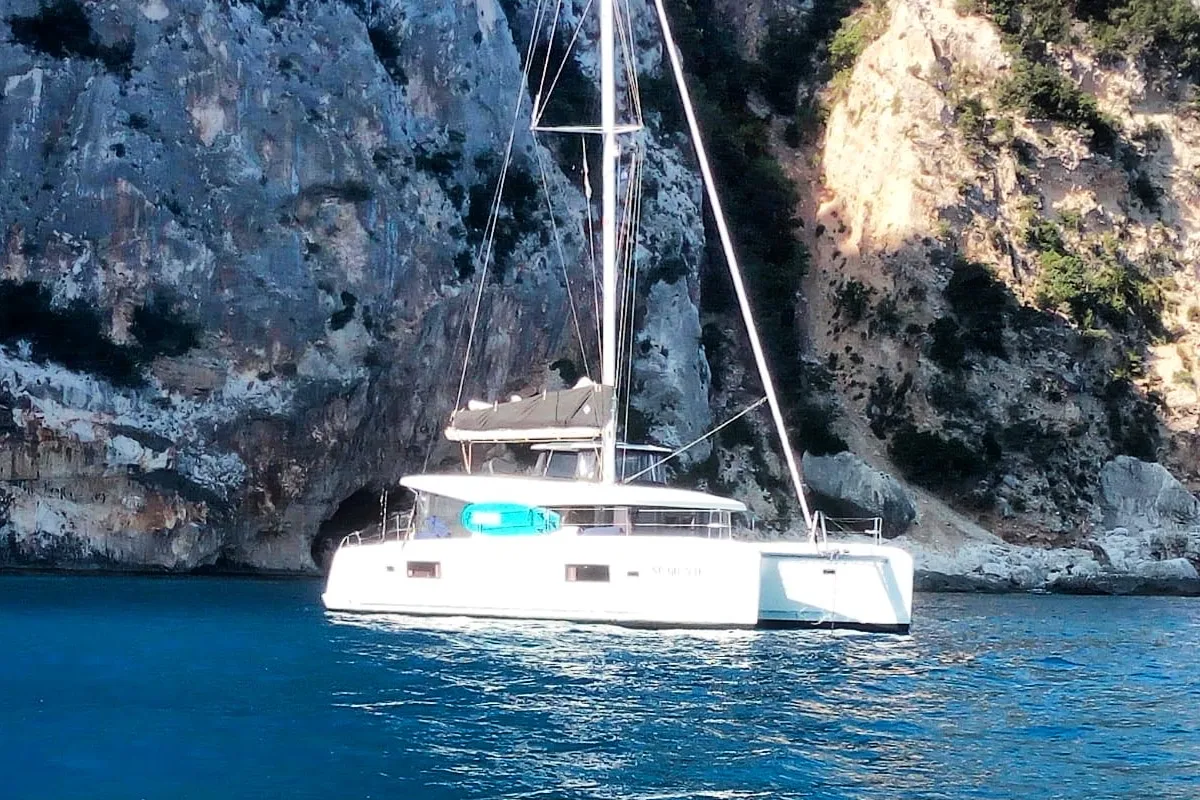 Exterior view of Sea Wolf, a Lagoon 42 catamaran at Olbia, Italy