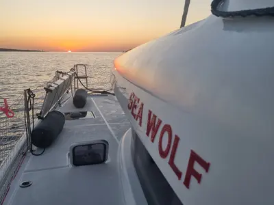 Deck of Sea Wolf, a Lagoon 42 catamaran at Olbia, Italy