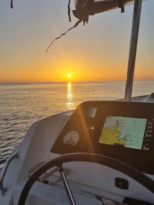 Cockpit of Sea Wolf, a Lagoon 42 catamaran at Olbia, Italy