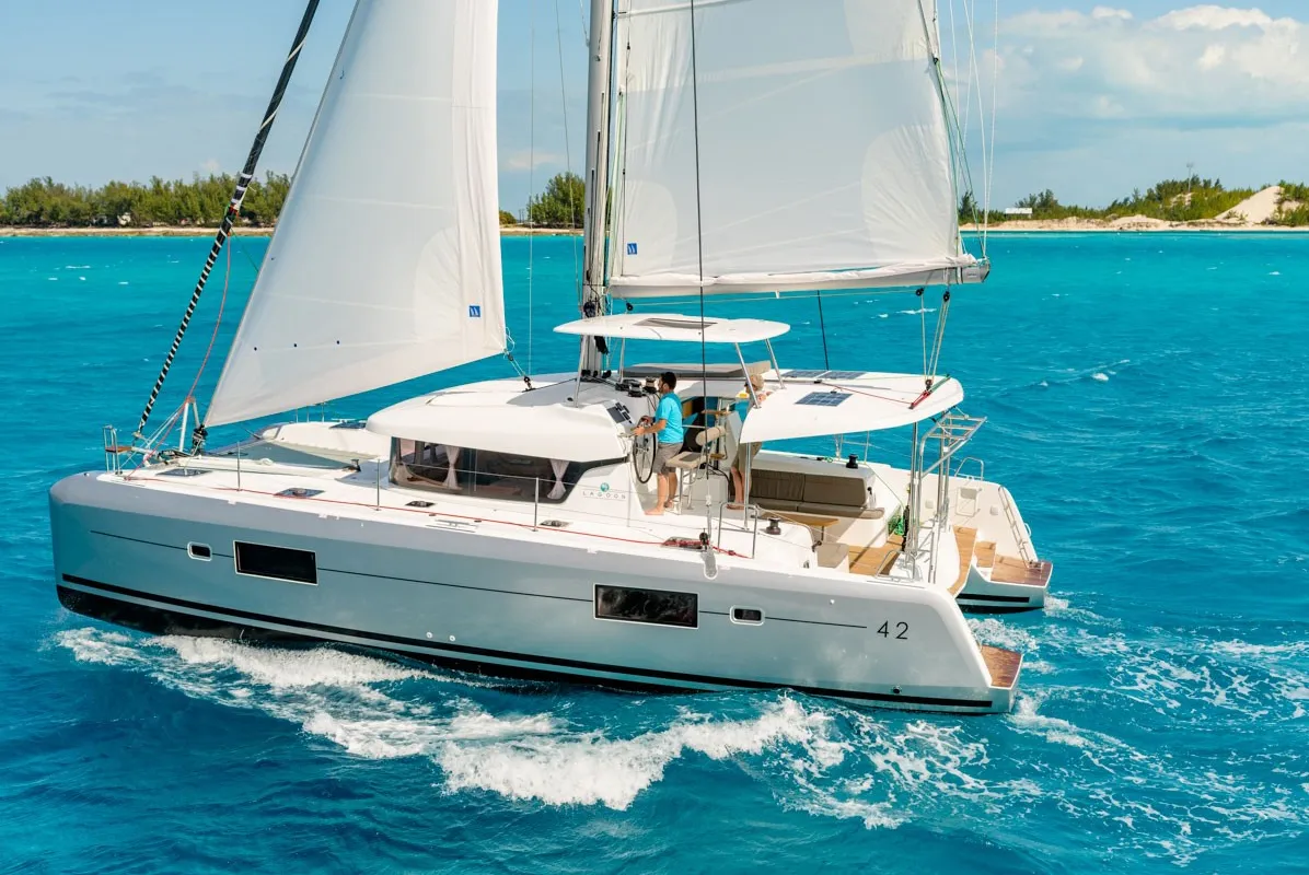 Exterior view of Sea Wolf, a Lagoon 42 catamaran at Olbia, Italy