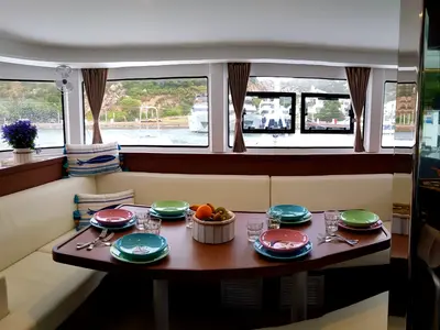 Salon of Sea Wolf, a Lagoon 42 catamaran at Olbia, Italy