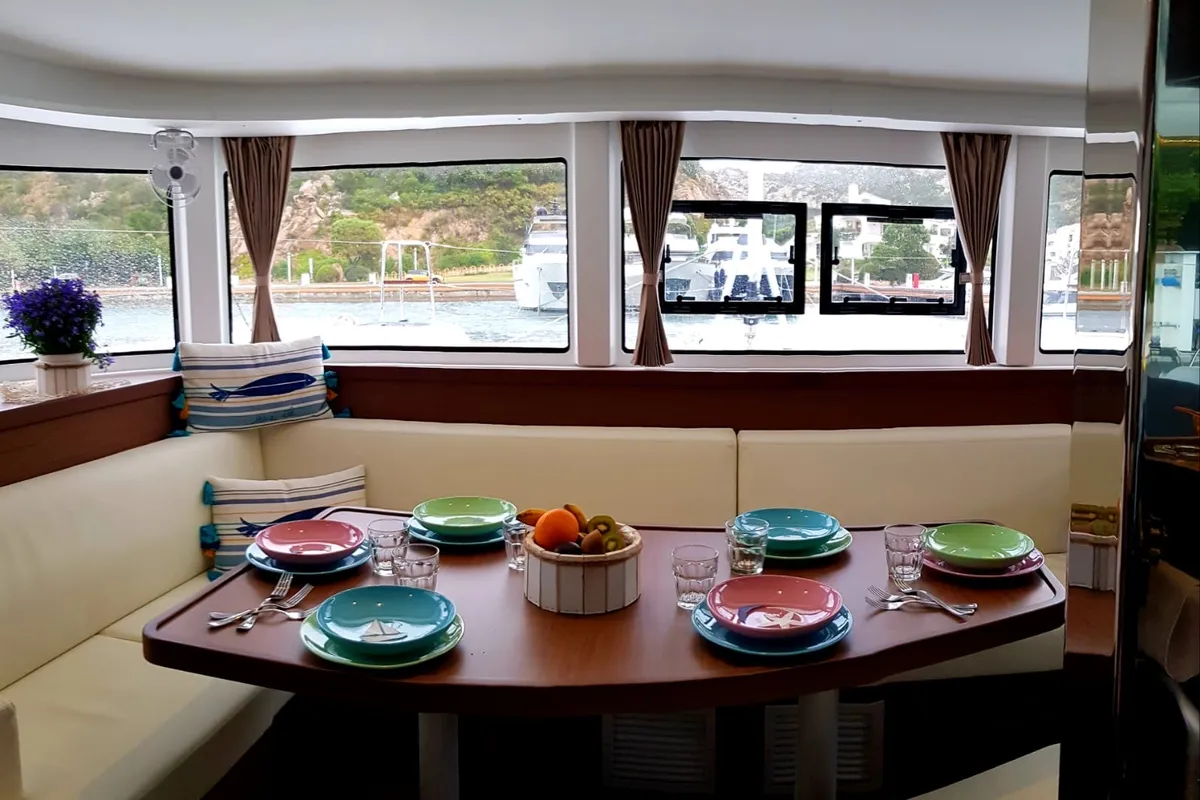 Salon of Sea Wolf, a Lagoon 42 catamaran at Olbia, Italy