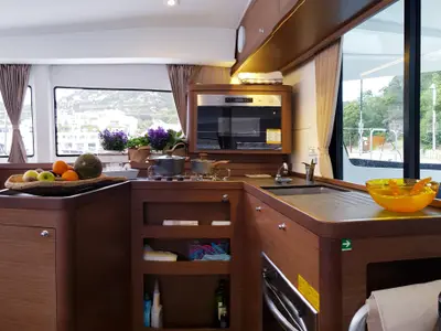 Galley of Sea Wolf, a Lagoon 42 catamaran at Olbia, Italy
