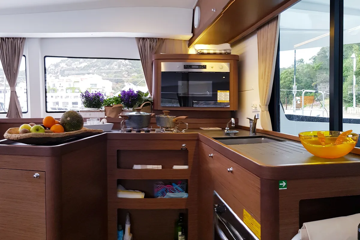 Galley of Sea Wolf, a Lagoon 42 catamaran at Olbia, Italy