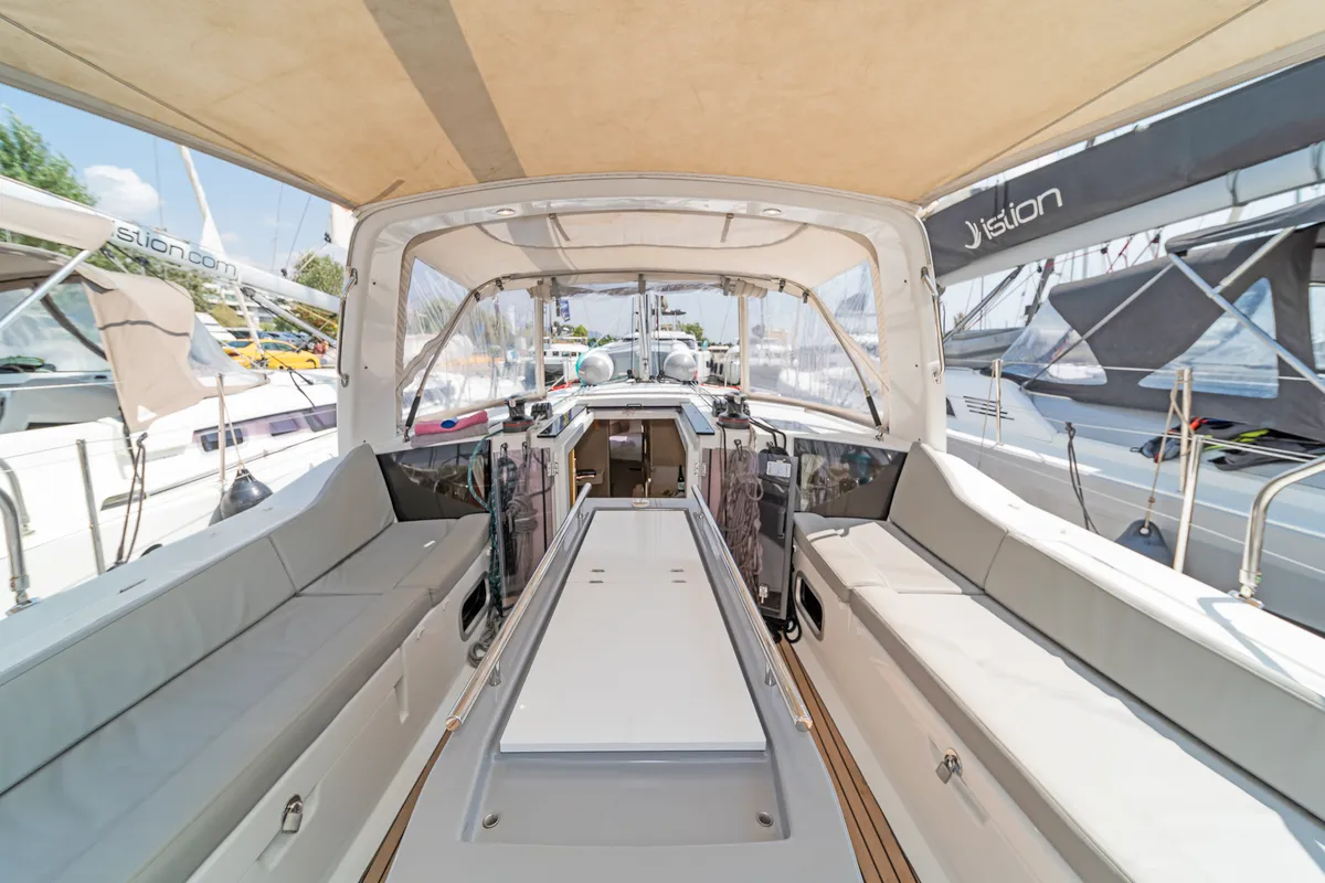 Deck of Silver Eintzel, a Beneteau Oceanis 41.1 sailboat at Athens, Greece
