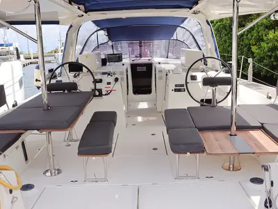 Cockpit of Linnea, a Jeanneau Sun Loft 47 sailboat at Road Town, British Virgin Islands