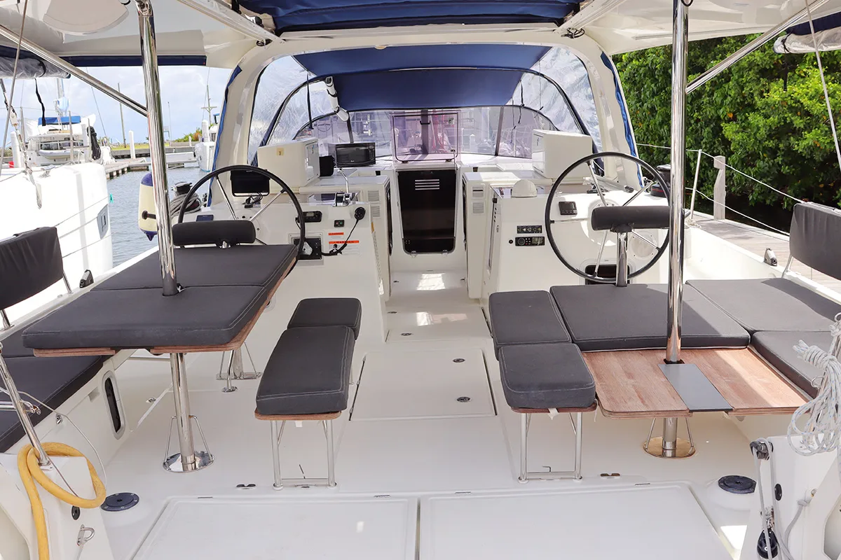 Cockpit of Linnea, a Jeanneau Sun Loft 47 sailboat at Road Town, British Virgin Islands