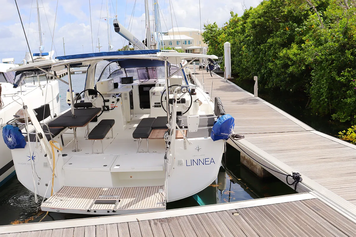 Deck of Linnea, a Jeanneau Sun Loft 47 sailboat at Road Town, British Virgin Islands