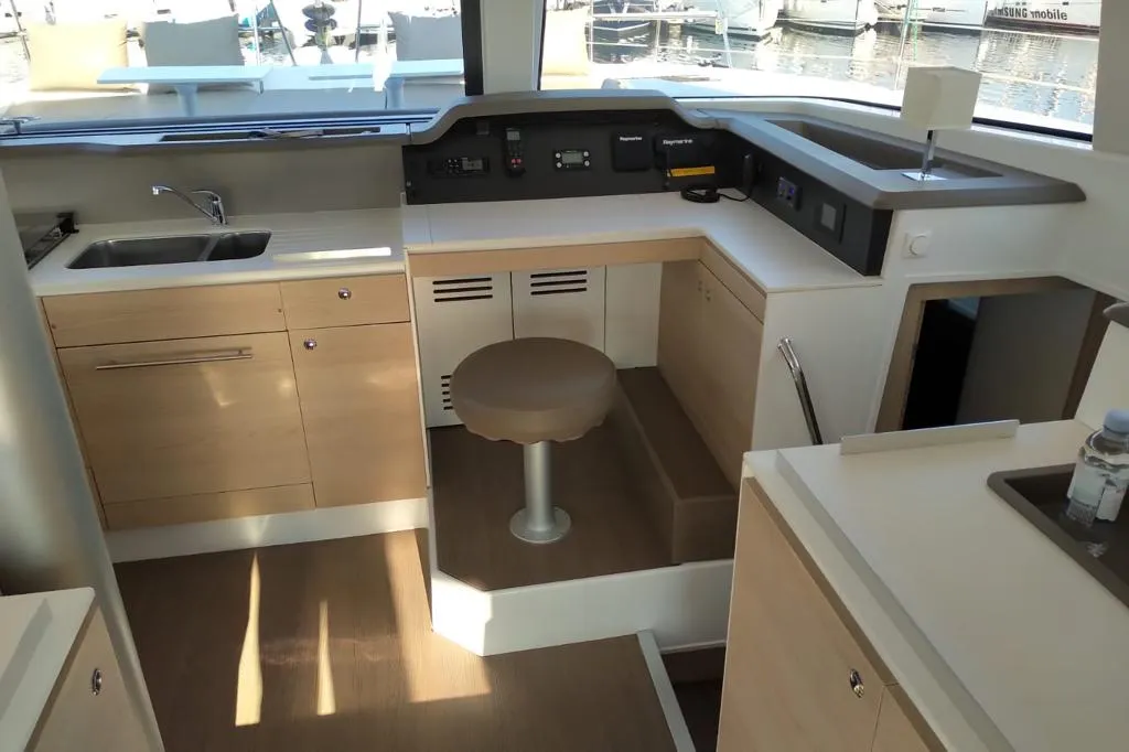Cockpit of Testa, a Bali 4.1 catamaran at Grad Pula, Croatia