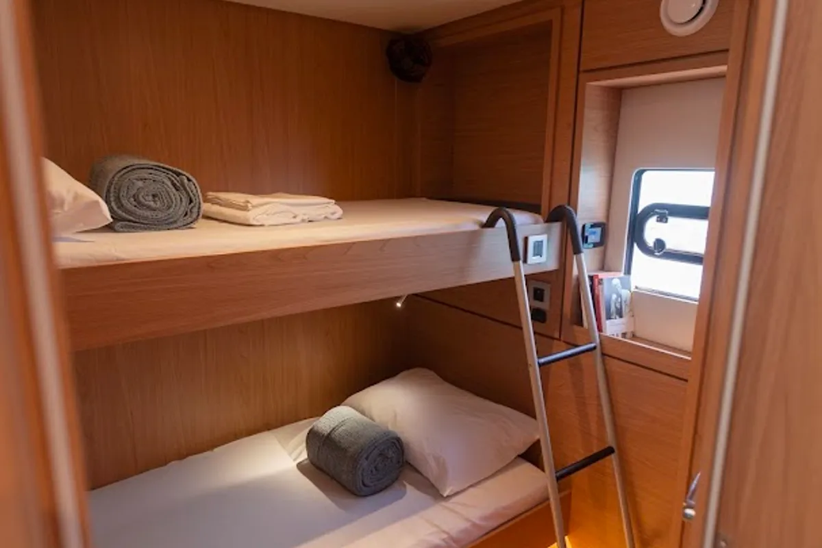 Cabin on Nereid, a Bali 4.8 catamaran at Agios Stefanos, Greece