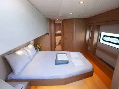 Cabin on Nereid, a Bali 4.8 catamaran at Agios Stefanos, Greece