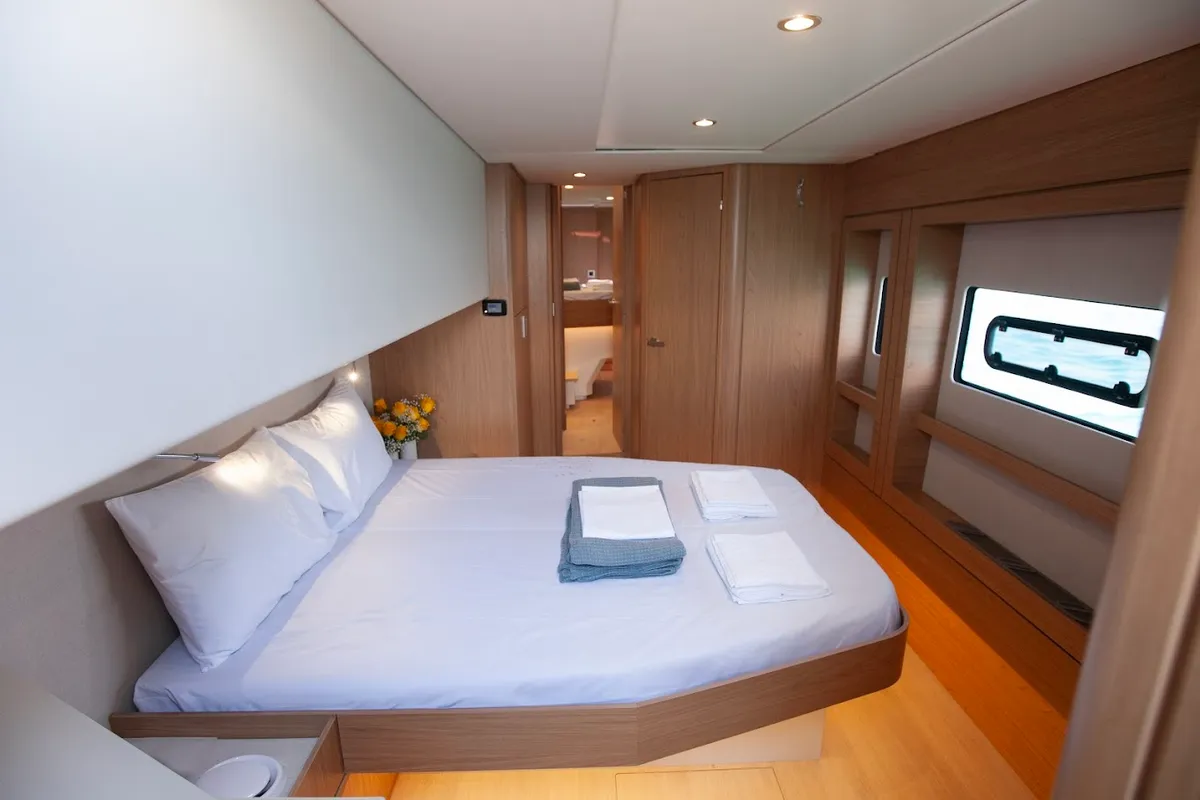 Cabin on Nereid, a Bali 4.8 catamaran at Agios Stefanos, Greece