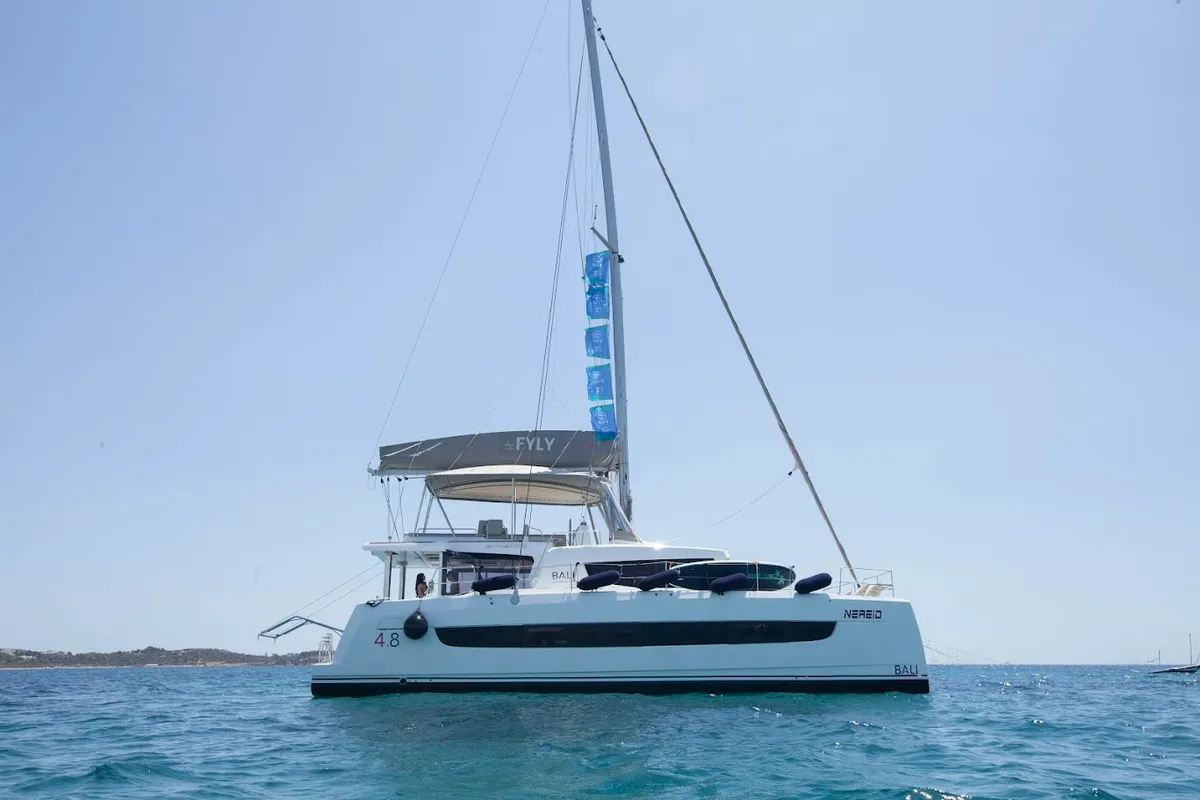 Exterior view of Nereid, a Bali 4.8 catamaran at Agios Stefanos, Greece