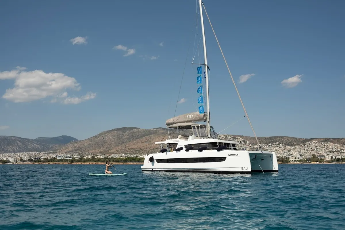 Exterior view of Nereid, a Bali 4.8 catamaran at Agios Stefanos, Greece