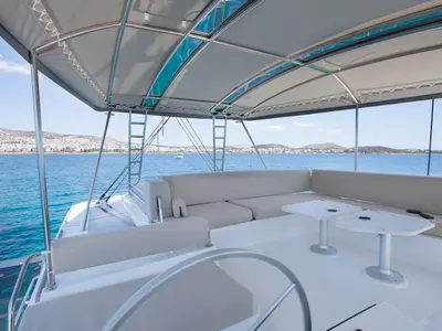 Cockpit of Nereid, a Bali 4.8 catamaran at Agios Stefanos, Greece
