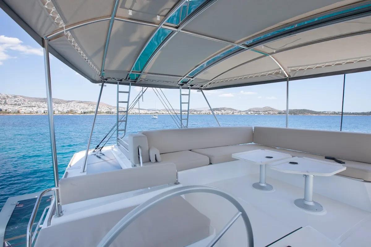 Cockpit of Nereid, a Bali 4.8 catamaran at Agios Stefanos, Greece