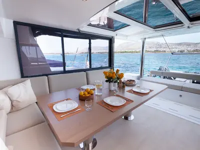 Salon of Nereid, a Bali 4.8 catamaran at Agios Stefanos, Greece