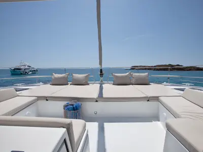 Deck of Nereid, a Bali 4.8 catamaran at Agios Stefanos, Greece