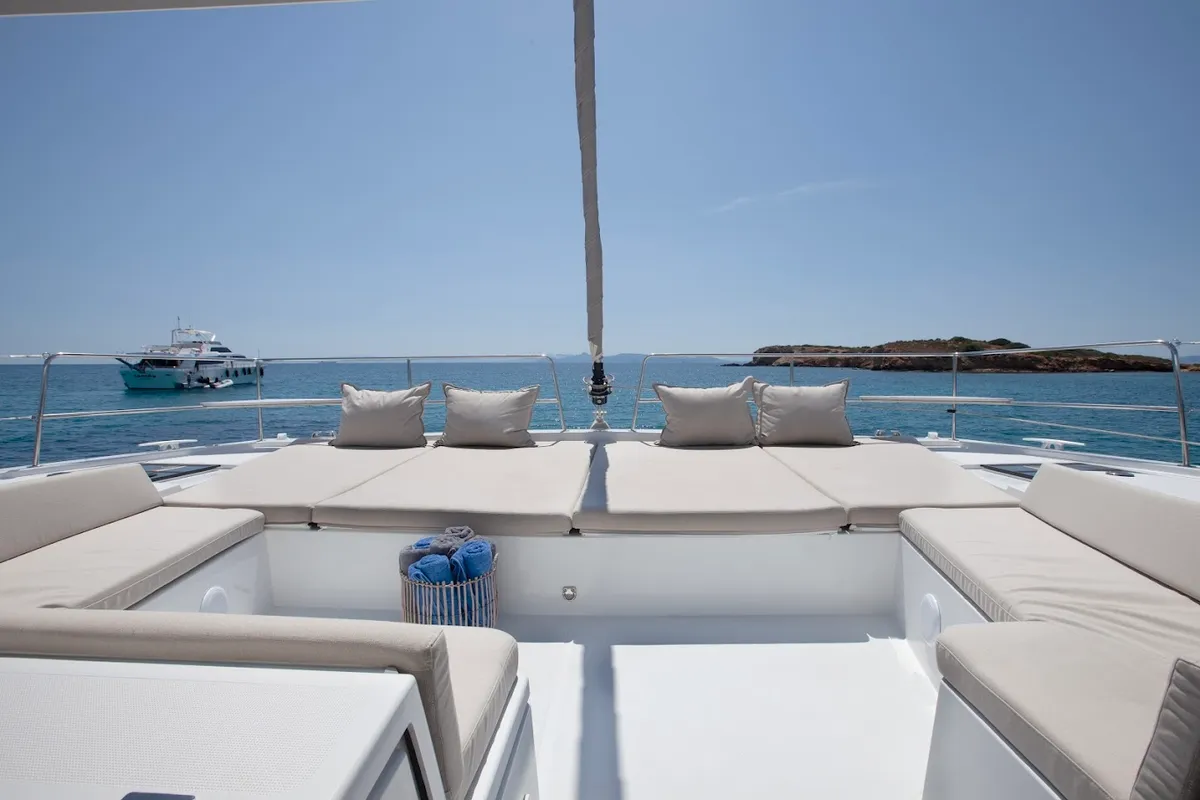 Deck of Nereid, a Bali 4.8 catamaran at Agios Stefanos, Greece