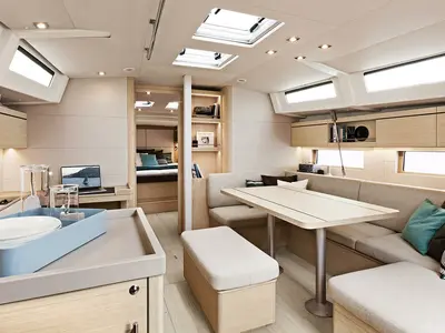 Salon of Naima, a Beneteau Oceanis 46.1 First Line sailboat at Athens, Greece