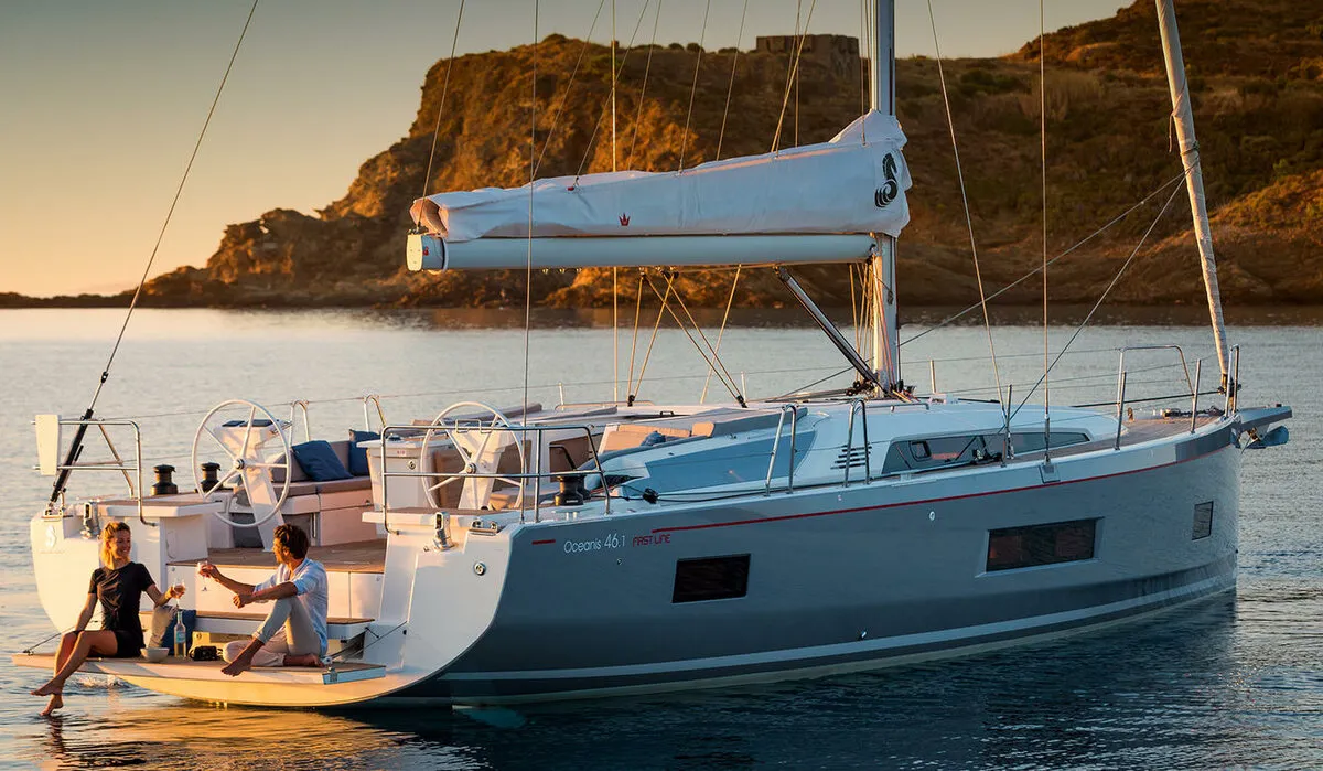 Exterior view of Naima, a Beneteau Oceanis 46.1 First Line sailboat at Athens, Greece