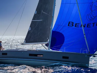 Exterior view of Naima, a Beneteau Oceanis 46.1 First Line sailboat at Athens, Greece
