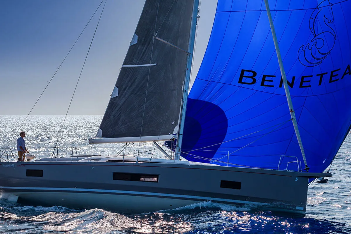 Exterior view of Naima, a Beneteau Oceanis 46.1 First Line sailboat at Athens, Greece