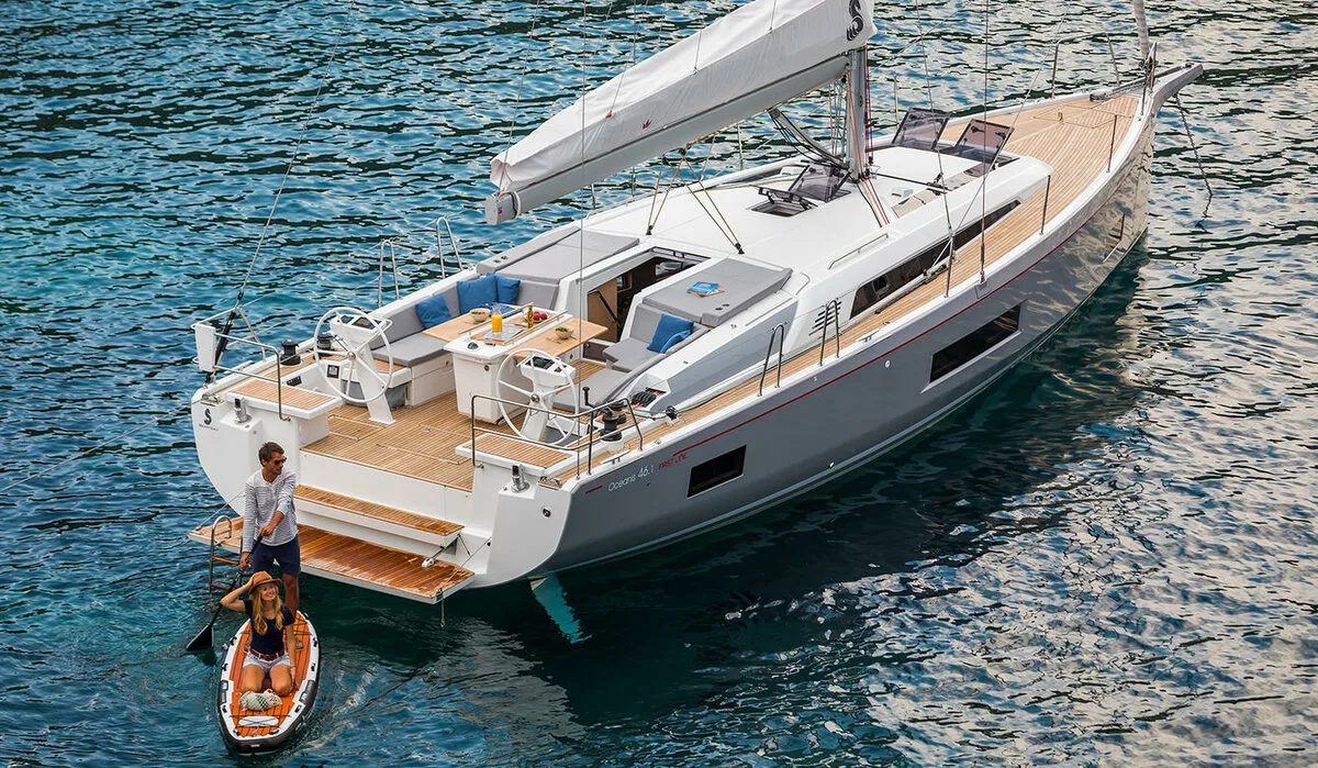 Exterior view of Naima, a Beneteau Oceanis 46.1 First Line sailboat at Athens, Greece