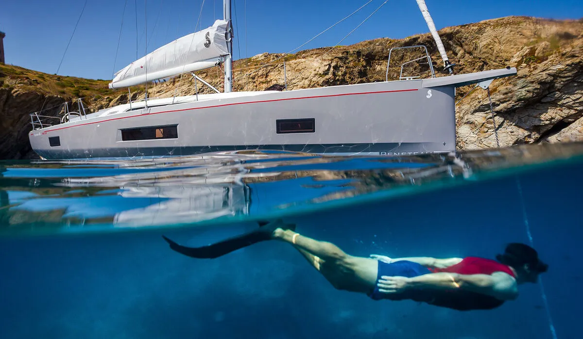 Exterior view of Naima, a Beneteau Oceanis 46.1 First Line sailboat at Athens, Greece