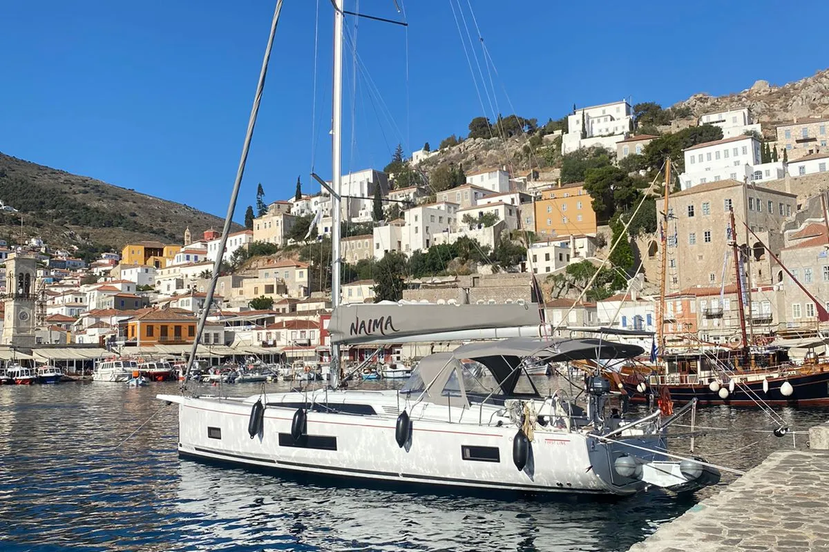 Exterior view of Naima, a Beneteau Oceanis 46.1 First Line sailboat at Athens, Greece