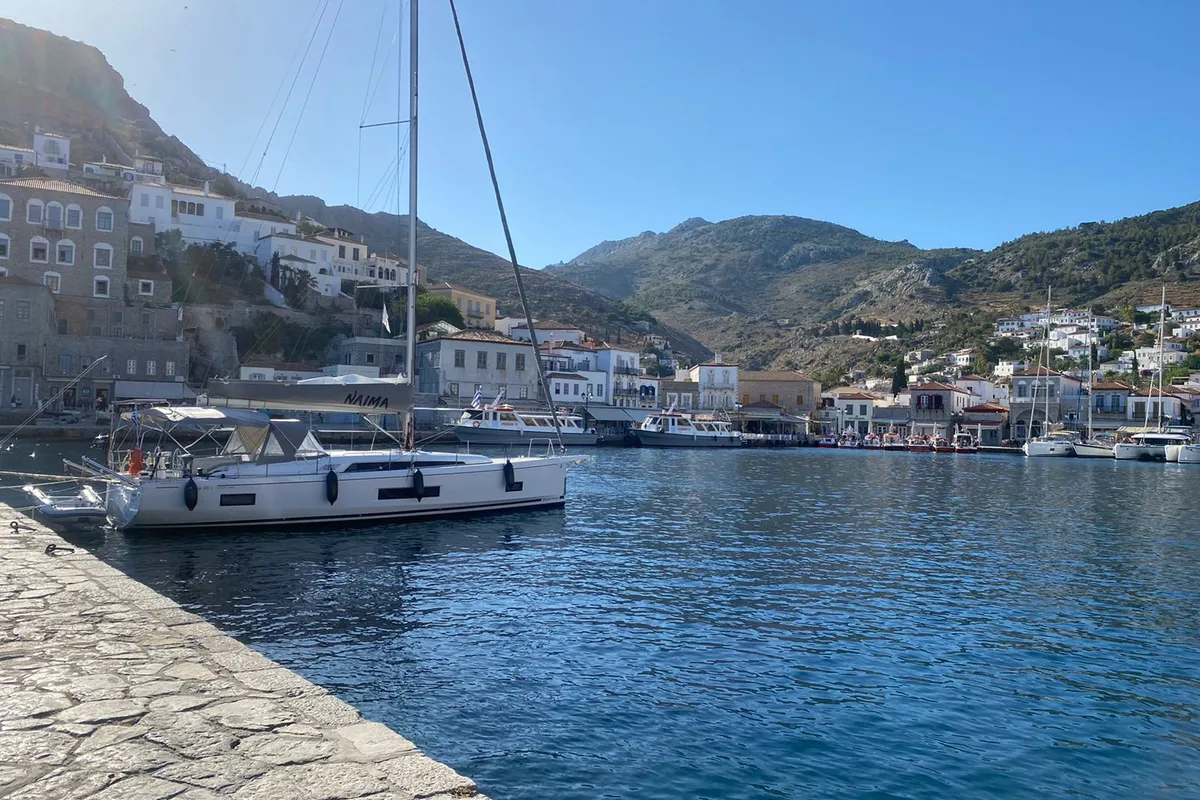 Exterior view of Naima, a Beneteau Oceanis 46.1 First Line sailboat at Athens, Greece