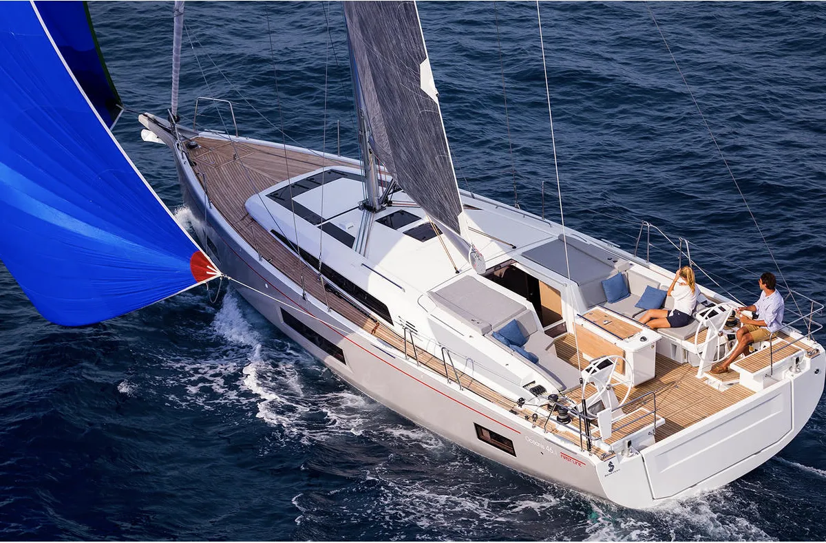 Exterior view of Naima, a Beneteau Oceanis 46.1 First Line sailboat at Athens, Greece