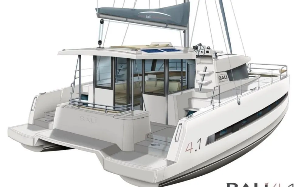 Exterior view of Shiloh, a Bali 4.1 catamaran at Kotor, Montenegro