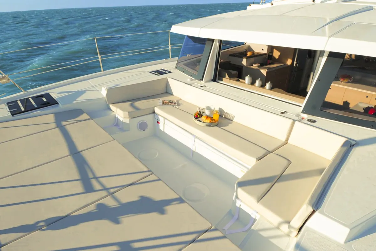 Deck of Shiloh, a Bali 4.1 catamaran at Kotor, Montenegro