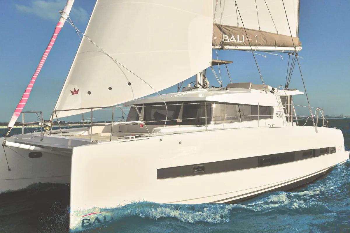 Exterior view of Shiloh, a Bali 4.1 catamaran at Kotor, Montenegro