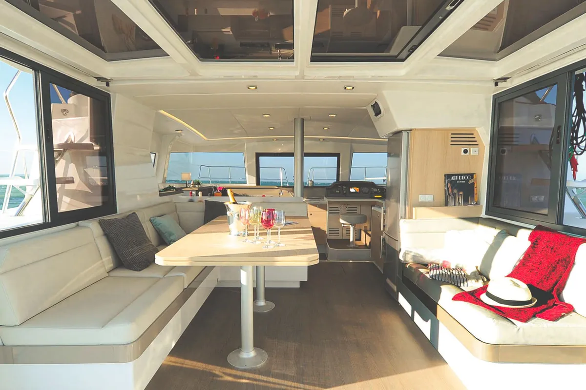 Salon of Shiloh, a Bali 4.1 catamaran at Kotor, Montenegro