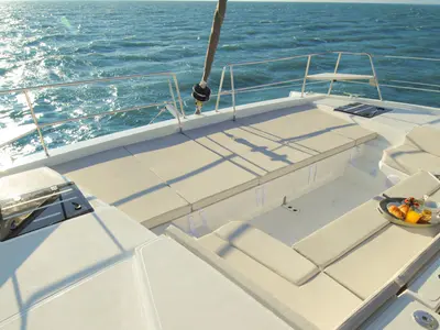 Deck of Shiloh, a Bali 4.1 catamaran at Kotor, Montenegro