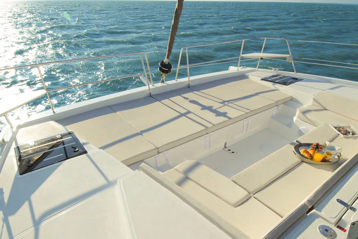Deck of Shiloh, a Bali 4.1 catamaran at Kotor, Montenegro