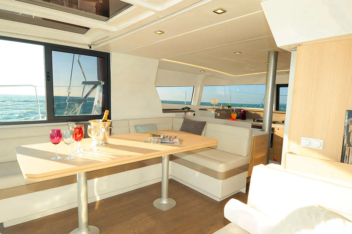 Salon of Shiloh, a Bali 4.1 catamaran at Kotor, Montenegro