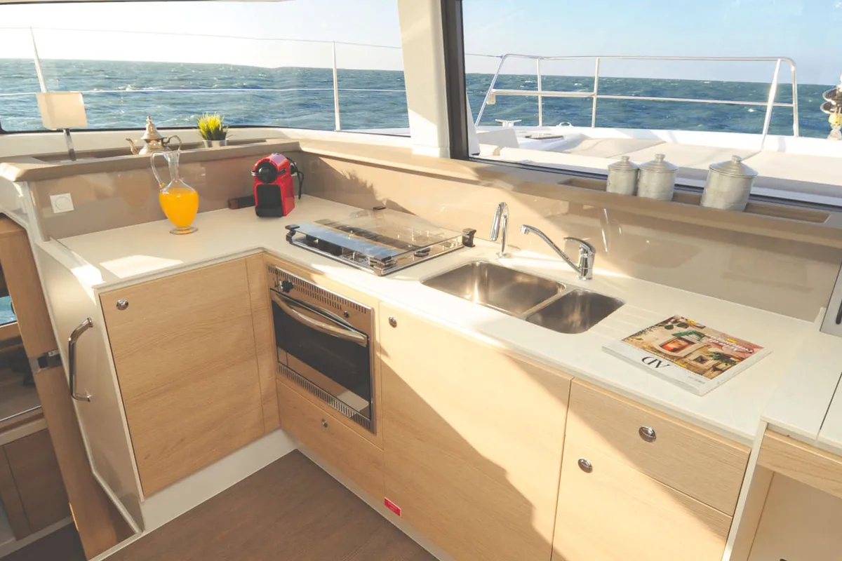 Galley of Shiloh, a Bali 4.1 catamaran at Kotor, Montenegro