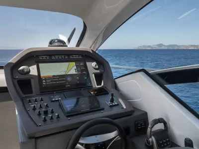 Cockpit of Polar, a Pershing 50 motorboat at Palma de Mallorca, Spain
