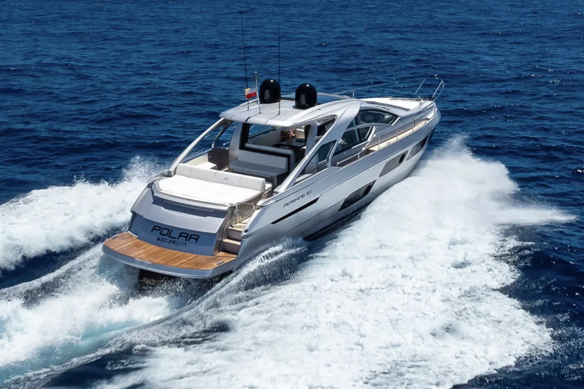 Exterior view of Polar, a Pershing 50 motorboat at Palma de Mallorca, Spain