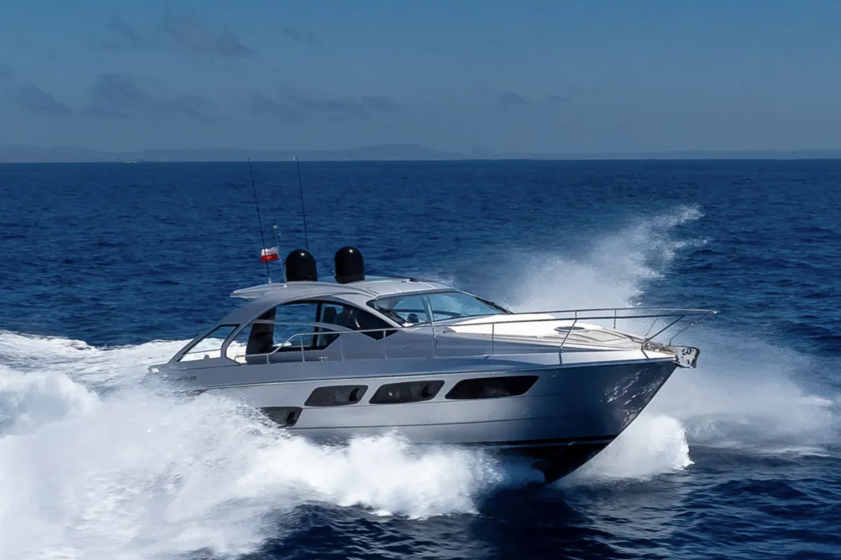 Exterior view of Polar, a Pershing 50 motorboat at Palma de Mallorca, Spain